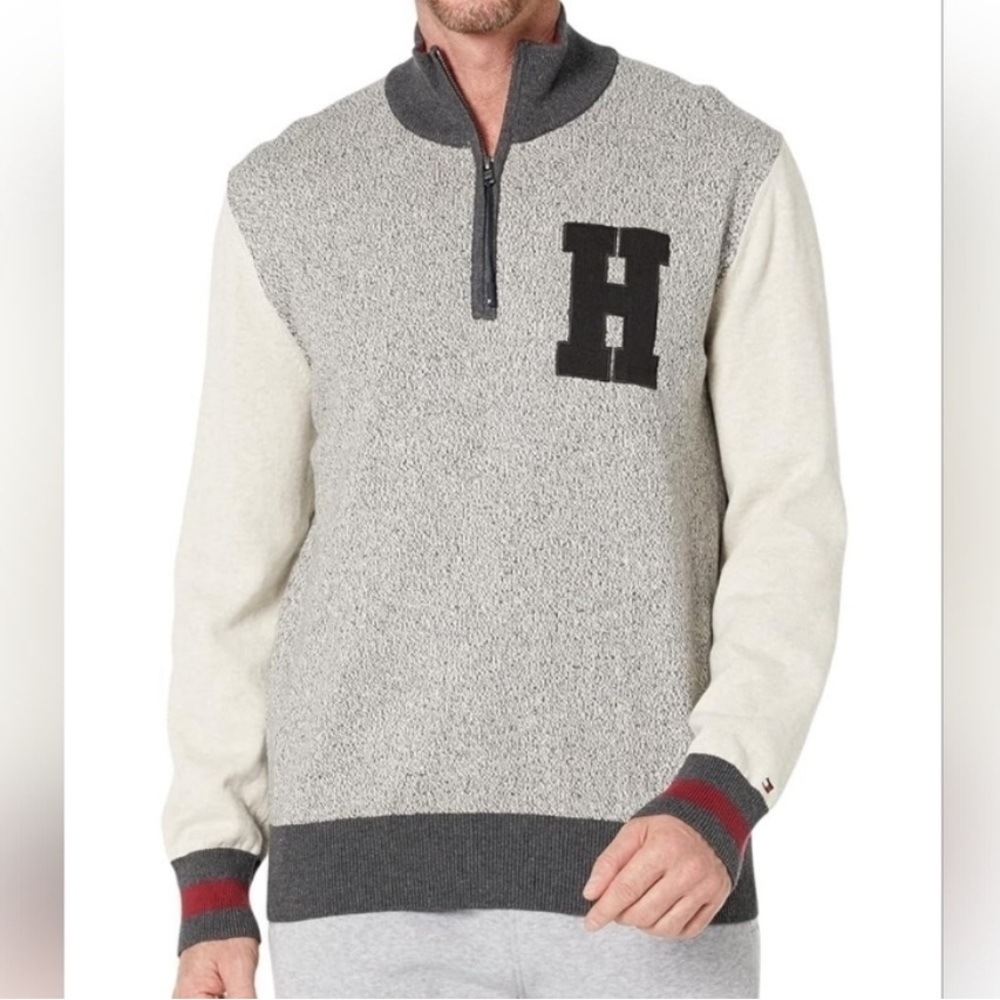 Tommy Hilfiger Gray and Cream Zip-Up Sweater